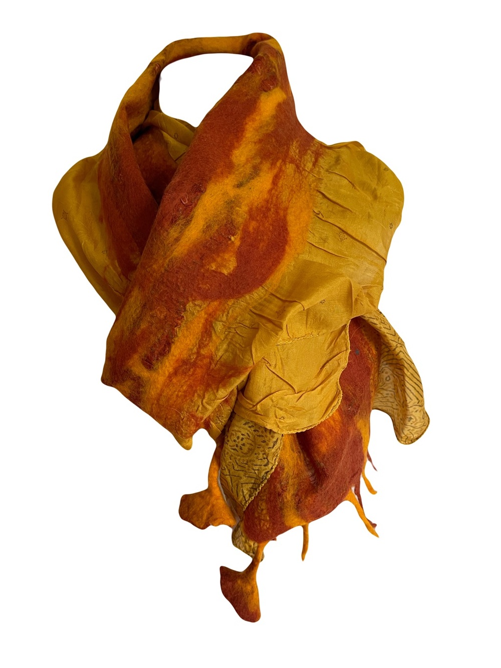 Handcrafted Nuno Felted Wool and Silk Mustard & Burnt Orange Scarf